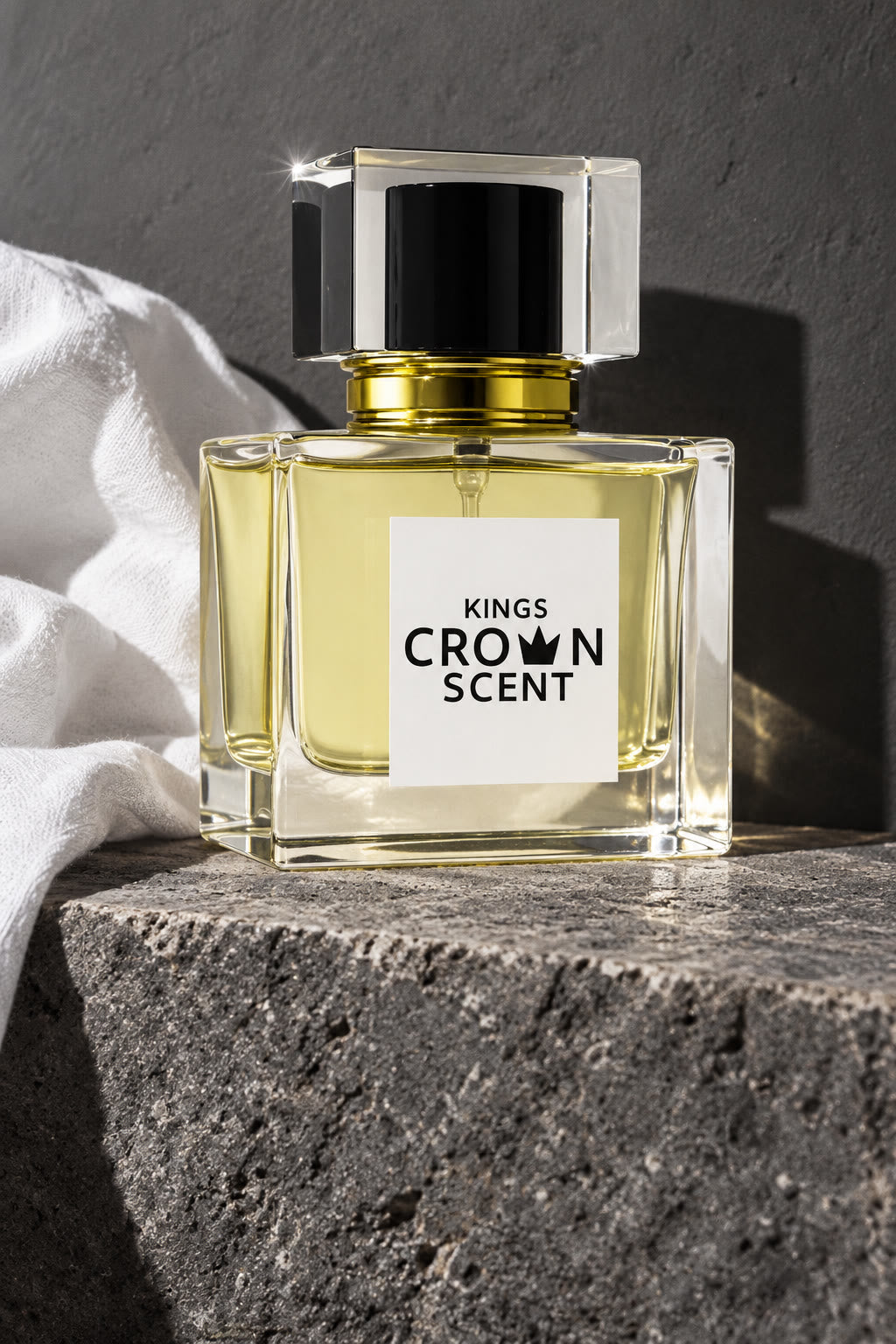 Kings Crown Scent fragrance bottle photographed with direct flash on natural gray stone